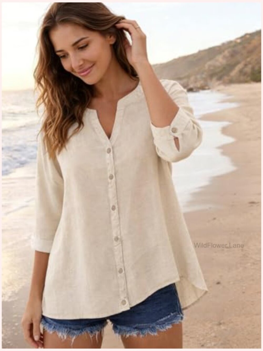 Womens Linen Button Down Shirt 3/4 Sleeve Tunic Blouse - Picture 4 of 4